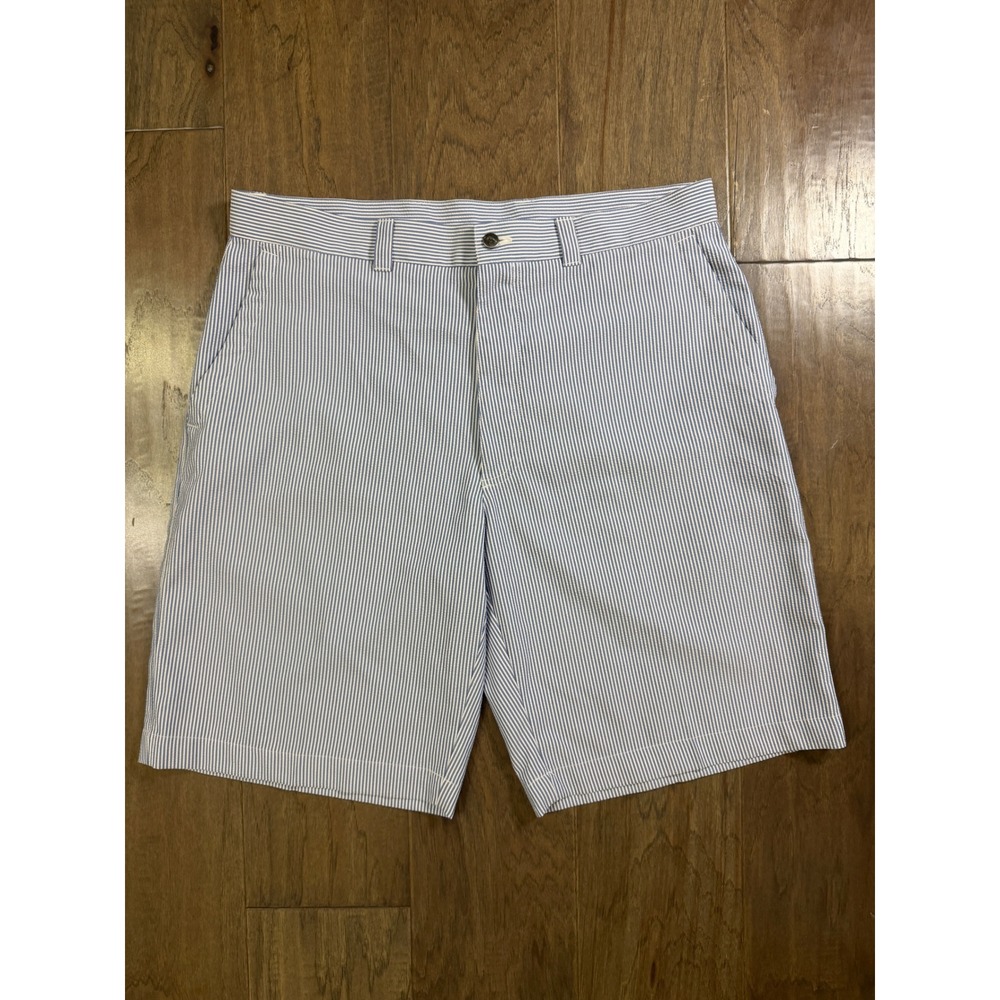 Callaway Mens Blue White Seersucker Striped Golf Shorts Size 36 Flat Front Logo